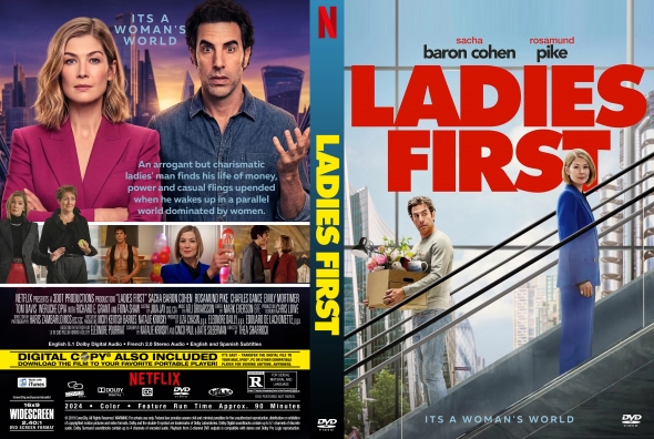 Split DVD cover: left poster for 'It's a Woman's World' with a woman in a magenta blazer; right poster for 'LADIES FIRST' with a woman in a blue dress on a staircase and bold red title.
