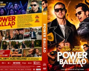 Front and back of a 'Power Ballad' DVD case: front shows two men in leather jackets with sunglasses amid fiery flames and a bold white title; back features a collage of scenes from the film and a yellow title banner.