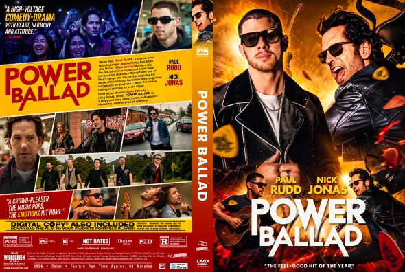 Front and back of a 'Power Ballad' DVD case: front shows two men in leather jackets with sunglasses amid fiery flames and a bold white title; back features a collage of scenes from the film and a yellow title banner.