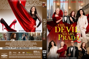 Promotional cover for The Devil Wears Prada featuring the ensemble cast in elegant outfits with bold red and gold title typography on a dark background.