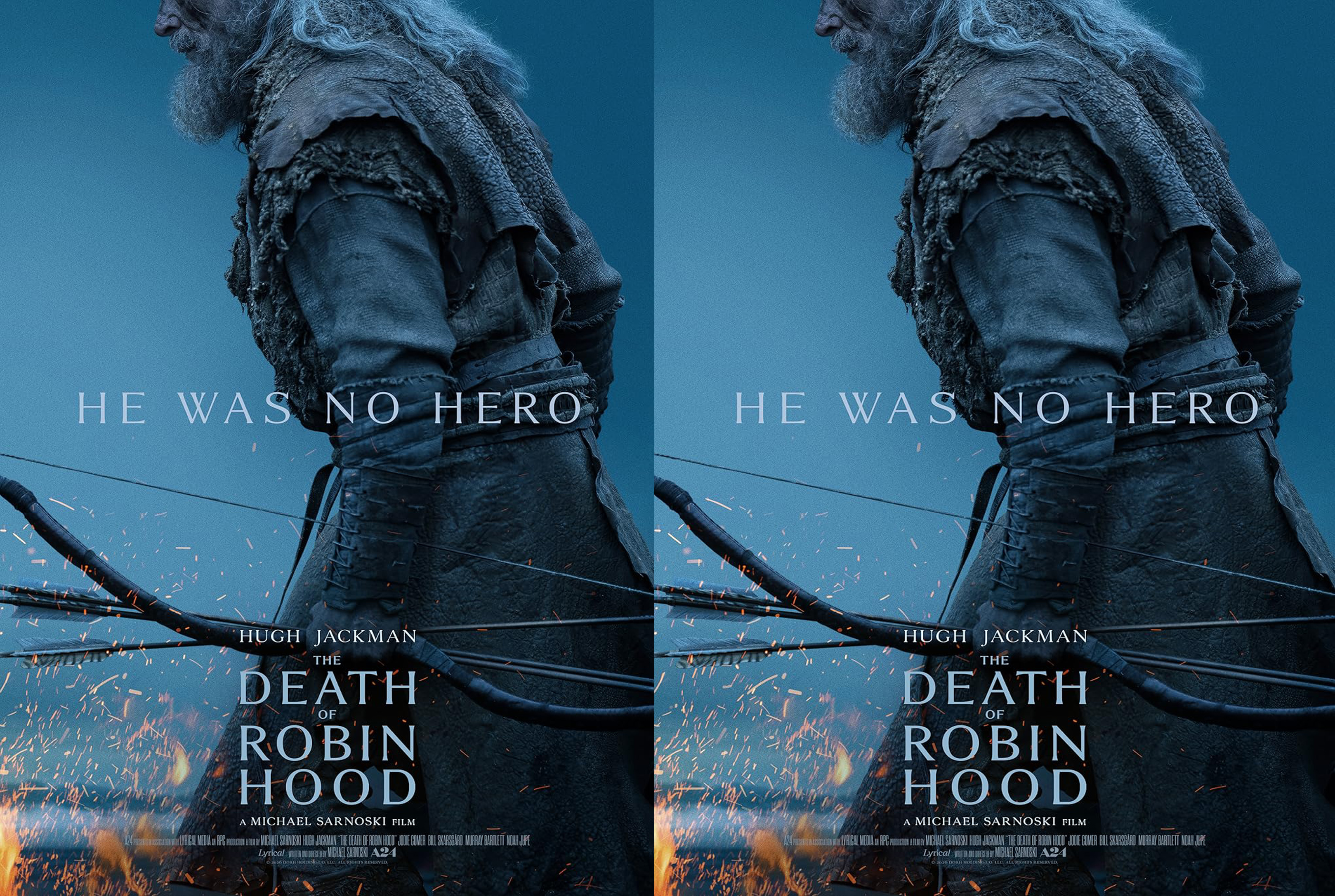 Poster for The Death of Robin Hood: a rugged archer in blue tones, with sparks and the tagline 'He was no hero' across the image.