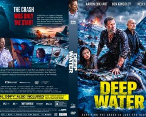Poster for the film Deep Water: group of survivors clinging to wreckage in rough seas, yellow Deep Water title across the right side, dramatic action vibe.