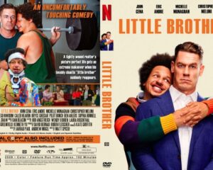 Poster for Netflix film 'Little Brother' featuring two men hugging, with the bold orange title on the right side and cast names above.