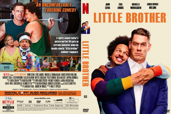 Poster for Netflix film 'Little Brother' featuring two men hugging, with the bold orange title on the right side and cast names above.