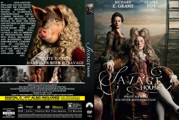 DVD cover for Savage House: left shows a pig-faced man in 18th‑century clothing; right shows two aristocratic women; tagline 'Polite society has never been so savage'.