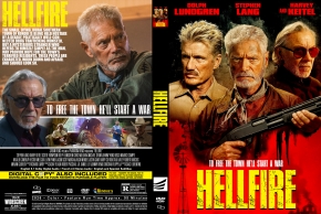 Front and back Hellfire DVD cover: front shows four men with a large gun and a fiery title; back has cast photos and synopsis.