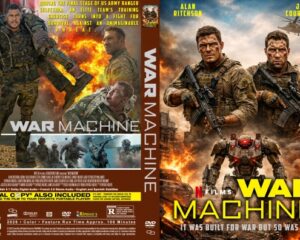 Double-sided War Machine DVD cover: fronts show two soldiers with guns and a small combat robot against flames and smoke, title 'WAR MACHINE' on the right spine side.
