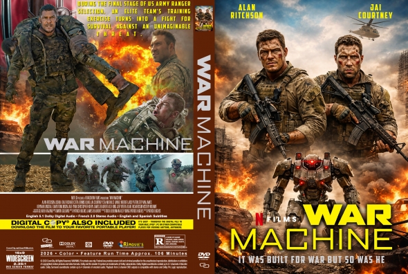 Double-sided War Machine DVD cover: fronts show two soldiers with guns and a small combat robot against flames and smoke, title 'WAR MACHINE' on the right spine side.