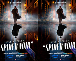 Noir-dressed man walking down a misty city street with a vintage car and 'prime original' logo, poster for Spider-Noir.