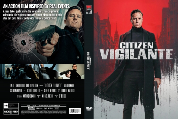 Front cover of a DVD for Citizen Vigilante: a determined man in a black coat holds a weapon, with a red-gray background and bold white title.