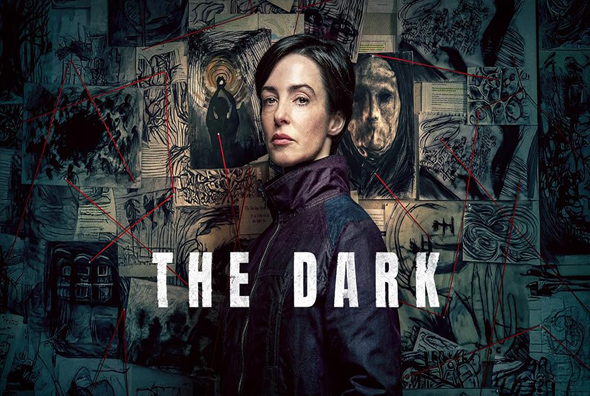 Poster of a woman in a dark coat, looking over her shoulder, against a wall of sketches and photos with the title The Dark. (Thriller/mystery vibe)