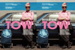 Two side-by-side promotional posters of Rose Byrne in pink, standing with arms crossed beside a blue vintage car, with large pink 'TOW' text across the bottom.