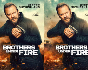 Promotional movie poster showing a man holding a handgun with helicopters in the sky and flames in the foreground for a film titled Brothers Under Fire (two mirrored images).