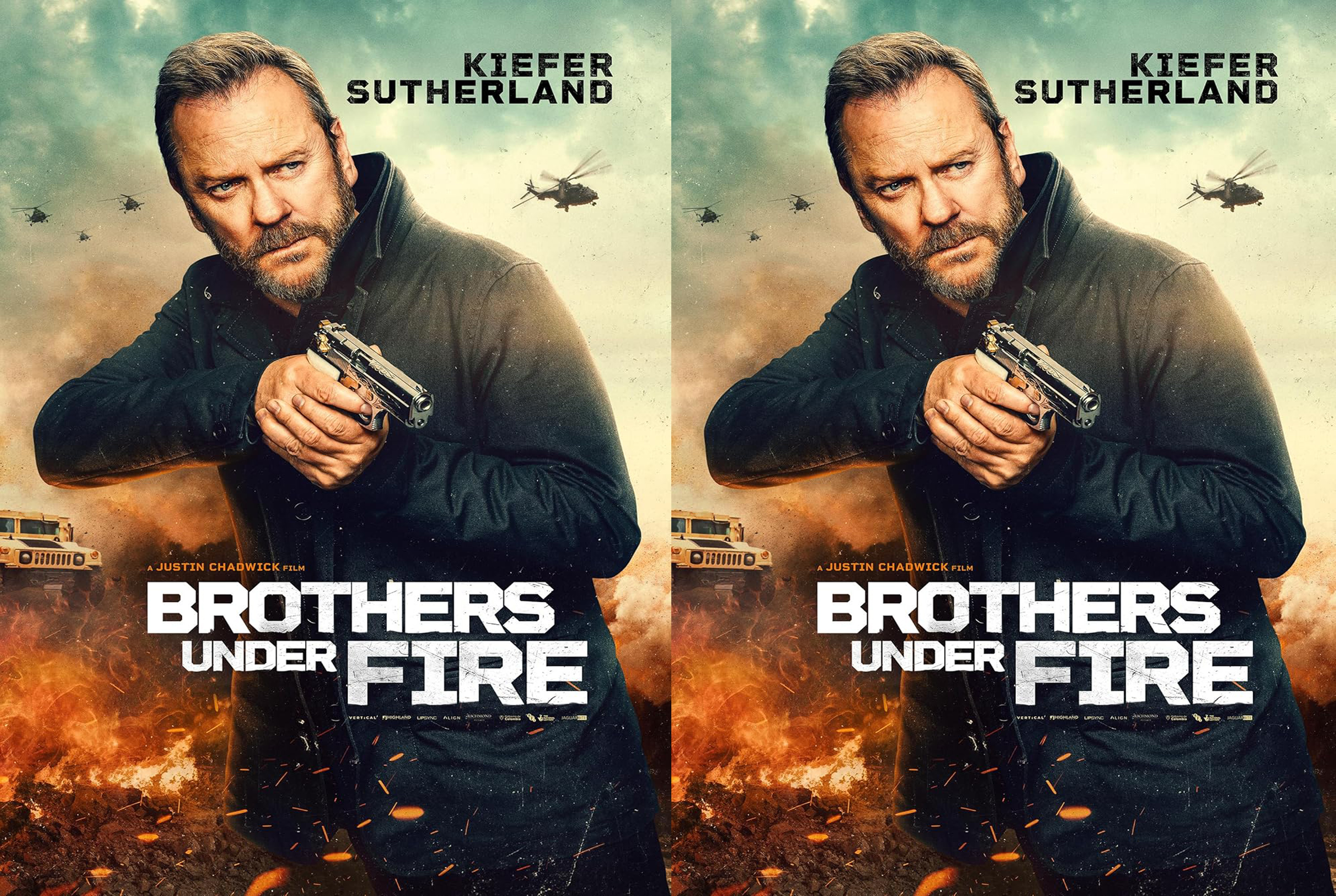 Promotional movie poster showing a man holding a handgun with helicopters in the sky and flames in the foreground for a film titled Brothers Under Fire (two mirrored images).