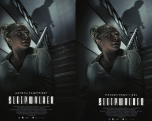 Promotional Sleepwalker movie poster featuring Hayden Panettiere, a woman on a dark, moody staircase with dramatic lighting.