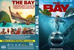 Two-sided DVD cover for ‘The Bay’: front shows swimmers near a boat with a massive shark below and the red title, back features a tropical island, people on a beach, and the tagline ‘Welcome to Paradise.’