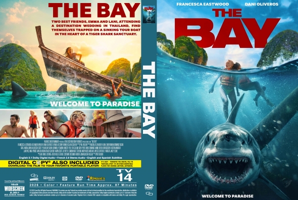 Two-sided DVD cover for ‘The Bay’: front shows swimmers near a boat with a massive shark below and the red title, back features a tropical island, people on a beach, and the tagline ‘Welcome to Paradise.’