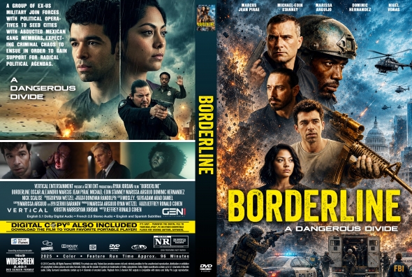 Front cover of Borderline: A Dangerous Divide—collage of armed characters with a city backdrop and bold yellow title.