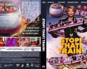 Movie poster for Stop! That Train! featuring a pink looping roller-coaster train with cast photos and the tagline 'The Greatest Trainwreck in History'.