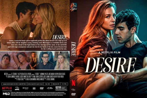 Netflix film poster for Desire featuring a red-haired woman embracing a man, with the bold title across the cover.