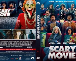Front cover of the Scary Movie DVD: collage of spoof horror characters and the bold Scary Movie title in red and white.