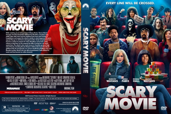 Front cover of the Scary Movie DVD: collage of spoof horror characters and the bold Scary Movie title in red and white.