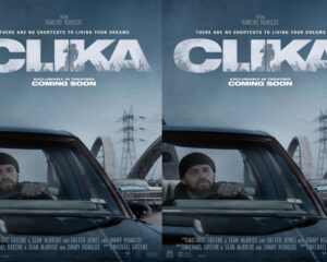 Movie poster for CLiKA featuring a man driving a car, with large CLiKA letters and a crowd silhouette inside the letters against a blue gradient; text reads 'There are no shortcuts to living your dreams' and 'Coming soon'.