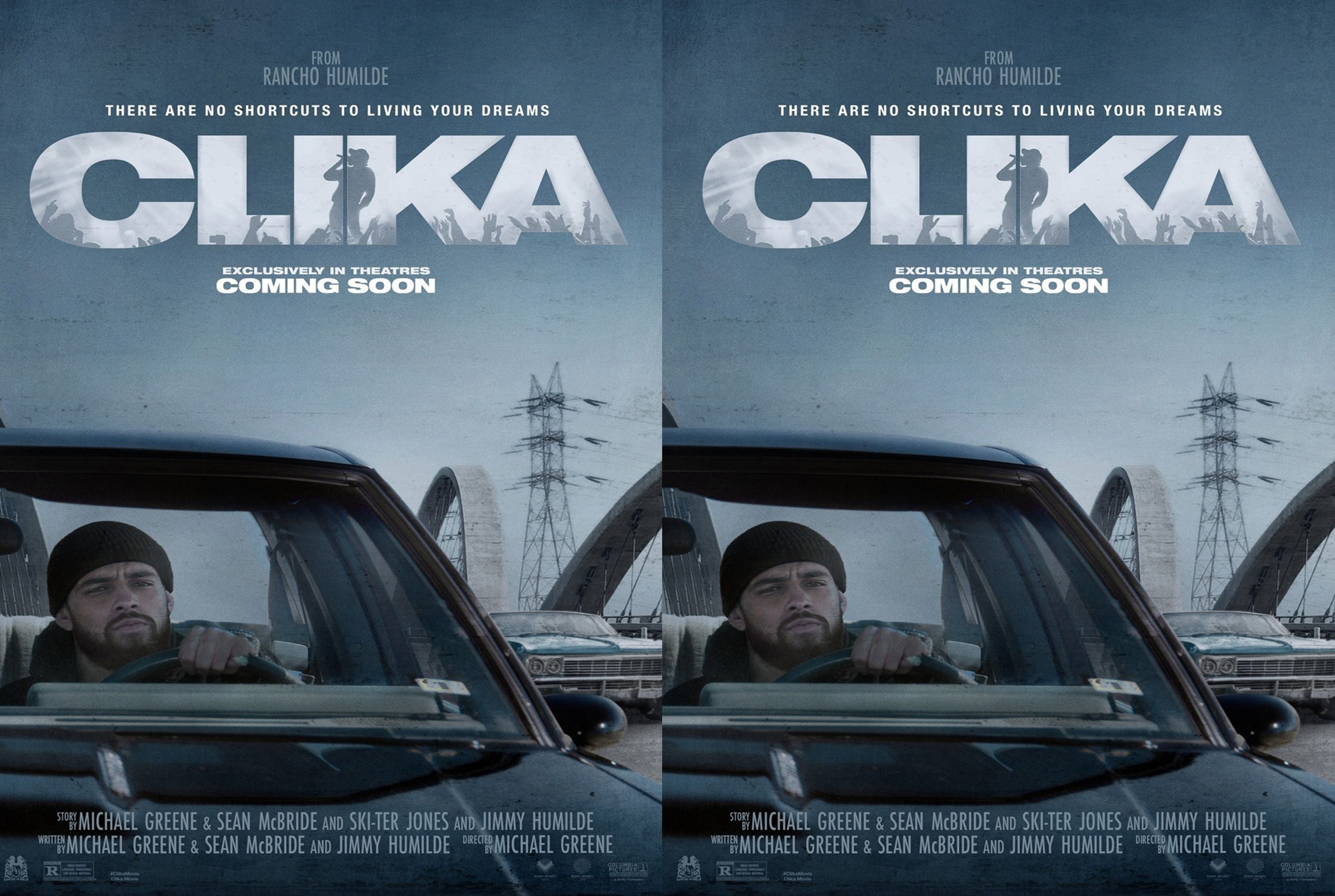 Movie poster for CLiKA featuring a man driving a car, with large CLiKA letters and a crowd silhouette inside the letters against a blue gradient; text reads 'There are no shortcuts to living your dreams' and 'Coming soon'.
