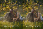 Two people seated on grass in a sunlit garden, an older man and a younger woman leaning together; 'MOSS & FREUD' text at bottom.