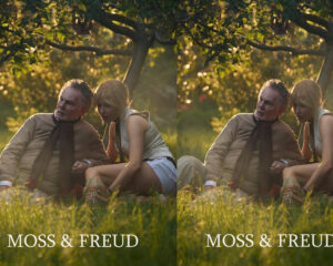 Two people seated on grass in a sunlit garden, an older man and a younger woman leaning together; 'MOSS & FREUD' text at bottom.