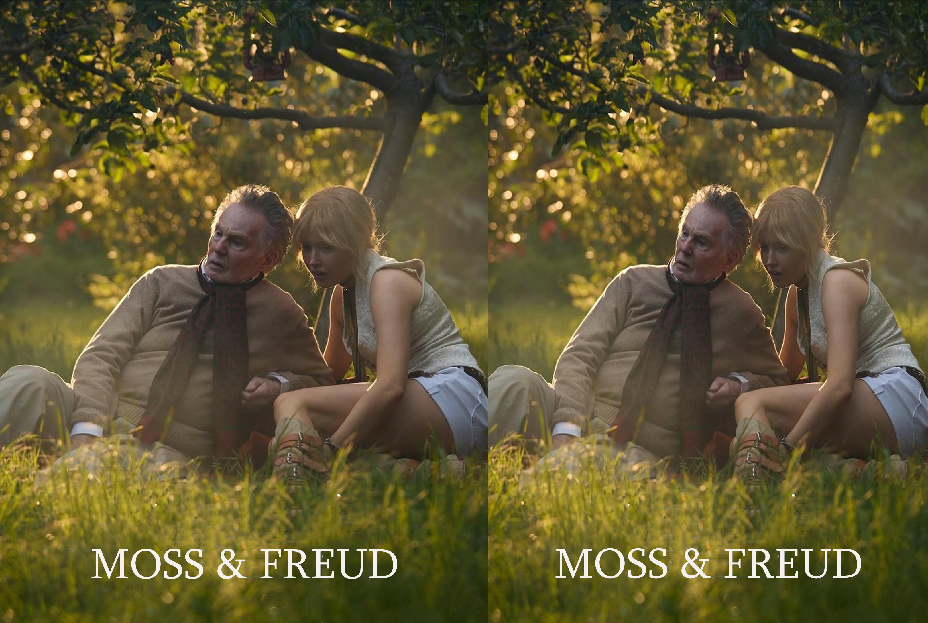 Two people seated on grass in a sunlit garden, an older man and a younger woman leaning together; 'MOSS & FREUD' text at bottom.