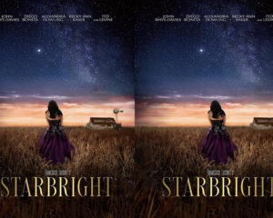 Two mirrored posters showing a woman in a purple gown standing in tall grass at dusk, starry sky above, farmhouse and windmill in the background, title STARBRIGHT at bottom.