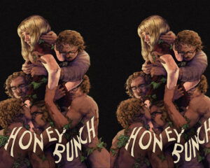 Artwork of multiple people embracing, ivy wrapping around them, dark background, mirrored sides composition resembling a poster.