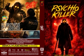 Movie cover for Psycho Killer: dark hooded figure in a fiery forest, title in bold yellow letters, ominous and action-packed.