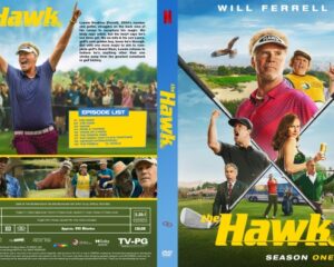 DVD cover for a golf-themed comedy 'The Hawk' – features a man in a pink polo and cap with crossed golf clubs on a sunny course; season one text visible.