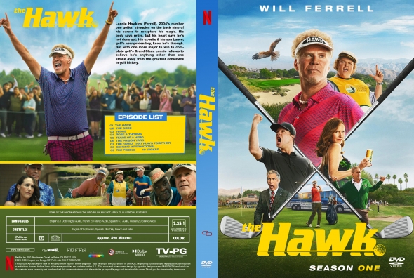 DVD cover for a golf-themed comedy 'The Hawk' – features a man in a pink polo and cap with crossed golf clubs on a sunny course; season one text visible.
