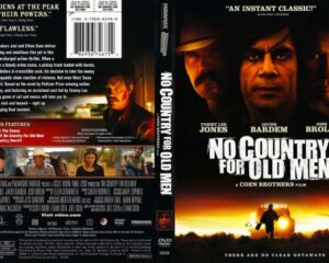 Front and back DVD cover for No Country for Old Men; front shows close-up faces against a dark desert background, back lists synopsis, cast, and barcodes.