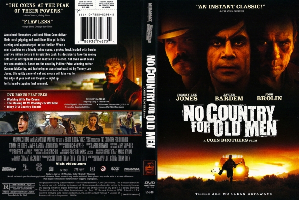 Front and back DVD cover for No Country for Old Men; front shows close-up faces against a dark desert background, back lists synopsis, cast, and barcodes.