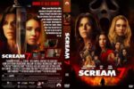 Movie poster for Scream 7 with the main characters in the foreground and a ghostface mask looming above, set against a fiery backdrop on the DVD cover.