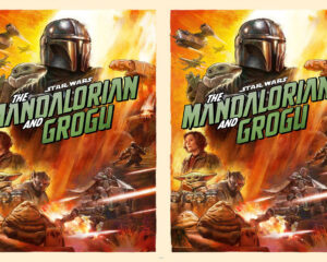 Two identical Star Wars posters titled The Mandalorian and Grogu, showing the Mandalorian and Grogu amid a fiery battle scene with starships in orange flames.