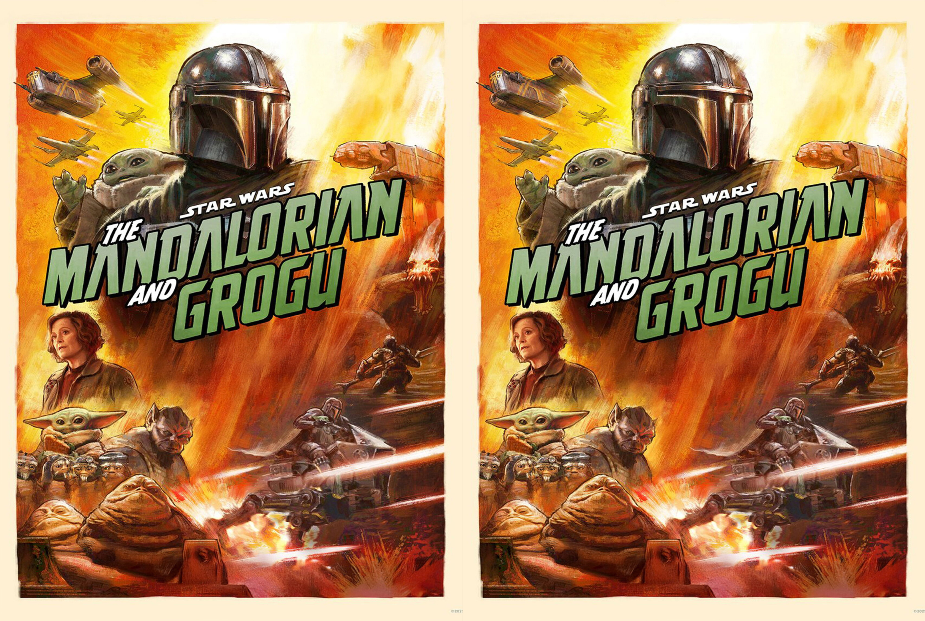 Two identical Star Wars posters titled The Mandalorian and Grogu, showing the Mandalorian and Grogu amid a fiery battle scene with starships in orange flames.