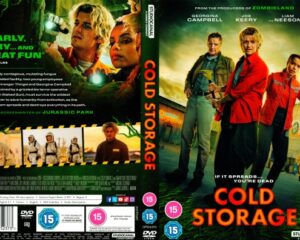 Poster for the film Cold Storage showing three survivors in red jackets with flashlights on a neon-lit street, bold orange title at the bottom edge