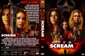 Movie poster for Scream 7 with the main characters in the foreground and a ghostface mask looming above, set against a fiery backdrop on the DVD cover.