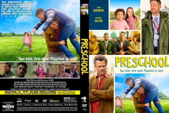 DVD cover for the comedy 'Preschool' with a collage of characters, bold title PRESCHOOL, and the tagline 'Two kids. One spot. Playtime is over.'