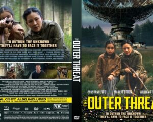 Front cover of The Outer Threat DVD: two young women with rifles in a forest clearing, a large satellite dish in the background.