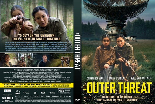 Front cover of The Outer Threat DVD: two young women with rifles in a forest clearing, a large satellite dish in the background.
