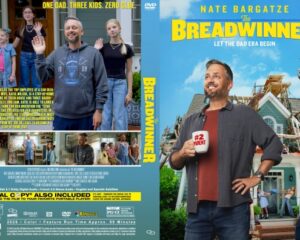 Front cover: DVD case for Nate Bargatze's The Breadwinner with subtitle Let the Dad Era Begin; a bearded man holds a '#2 Parent' mug in front of a suburban house with a blue sky.