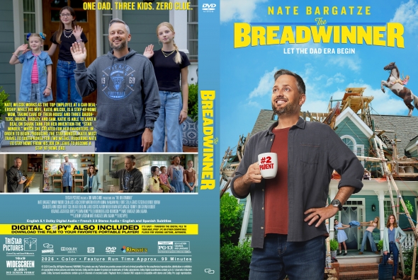 Front cover: DVD case for Nate Bargatze's The Breadwinner with subtitle Let the Dad Era Begin; a bearded man holds a '#2 Parent' mug in front of a suburban house with a blue sky.