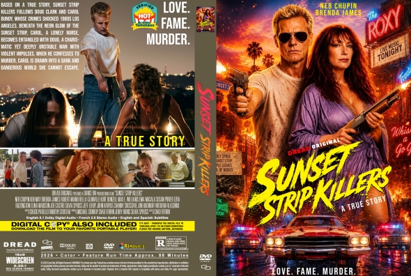 Pair of DVD covers: left titled 'A True Story' with dark, violent imagery; right titled 'Sunset Strip Killers' with a man and woman holding guns under neon lights.