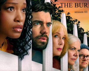 Poster collage of diverse characters peering through white slats at sunset, for The Burbs season 01 poster and promo image.